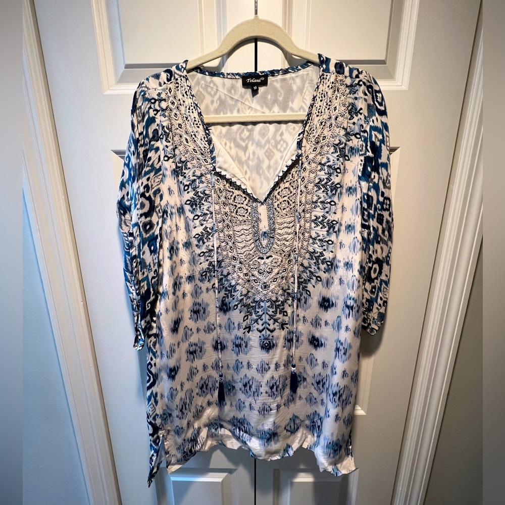 Tolani- Blue Paisley Silk Tunic Top